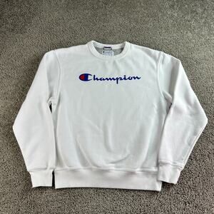 Champion Sweatshirt Mens Medium White Blue Signature Spell Out Logo Crewneck